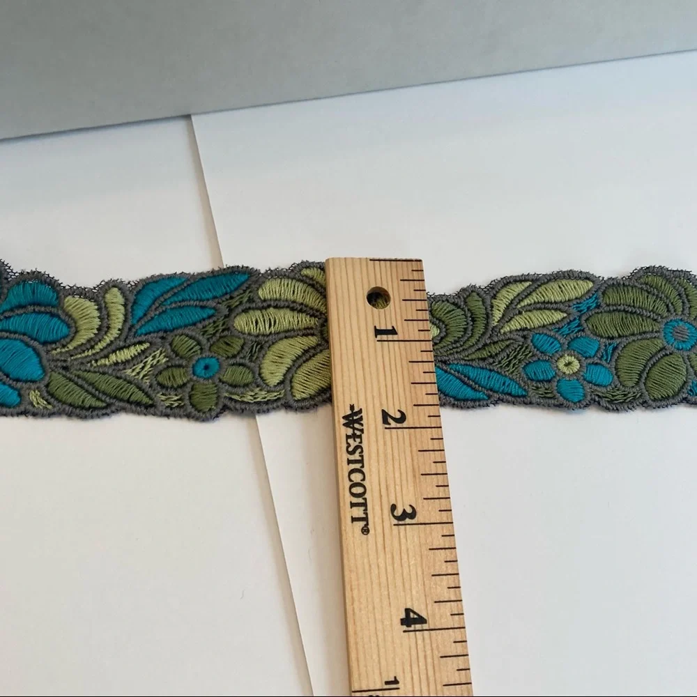 Blue Green Floral Flower Trim Embroidery 2